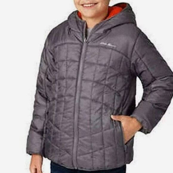 Eddie Bauer Reversible Hooded Jacket Grey Quilted Sherpa Fleece Kids L 14/16